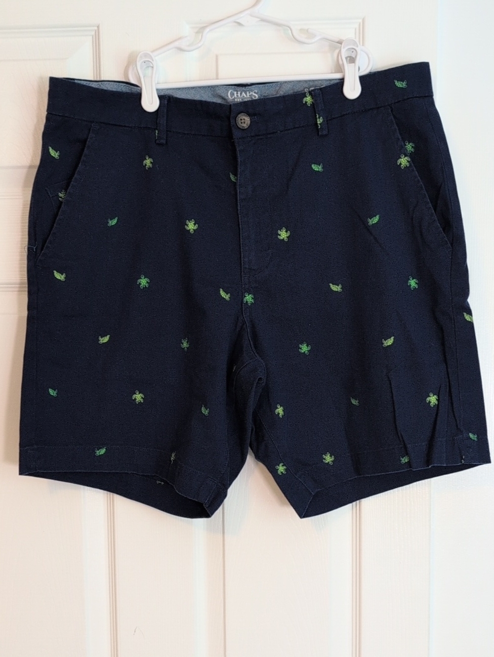 Chaps Navy Flat Front Shorts with Turtle Print